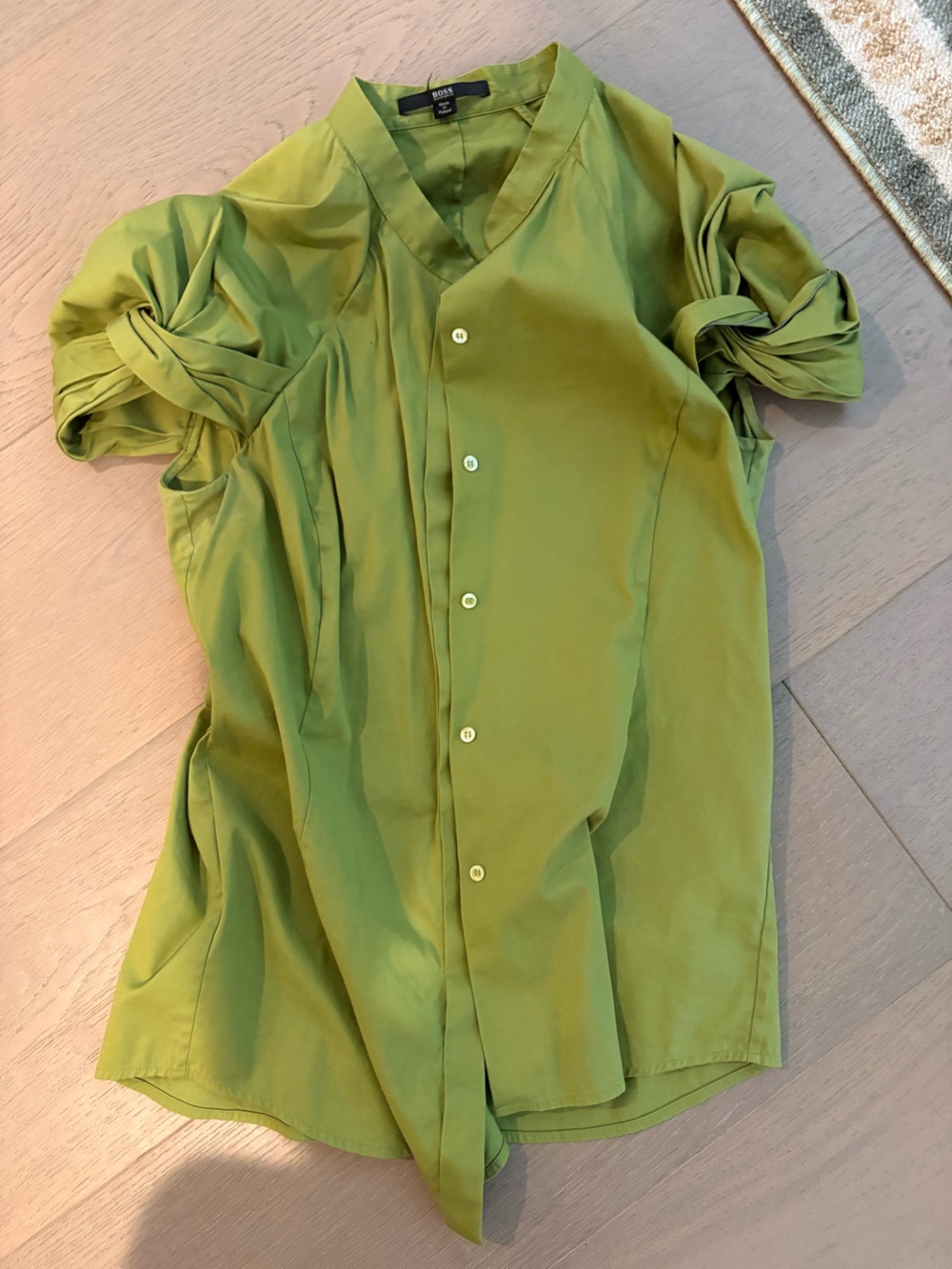 Boss Olive Green Button-Front Short Sleeve Blouse with Tie Details